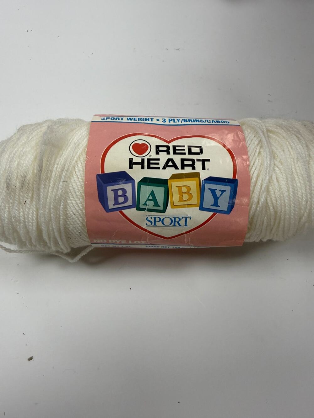 Red Heart Baby Sport White 3 Ply Yarn 7oz Acrylic No Dye Lot Vintage